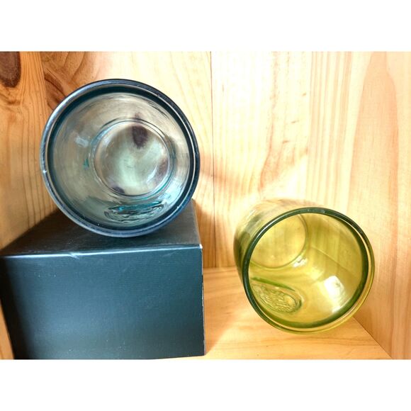 Authentic Recycled San Miguel Lowball Glasses Blue & Yellow Green SZ 4" H x 3" W - Picture 5 of 7